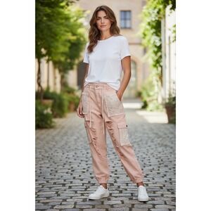POL Women's Pink Lace Distressed Cargo Jogger Pants Size L